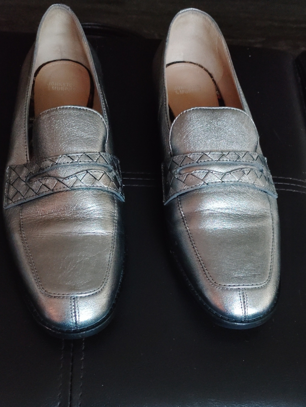 Metallic Silver Leather Women's Slip-On Loafers with Woven Band